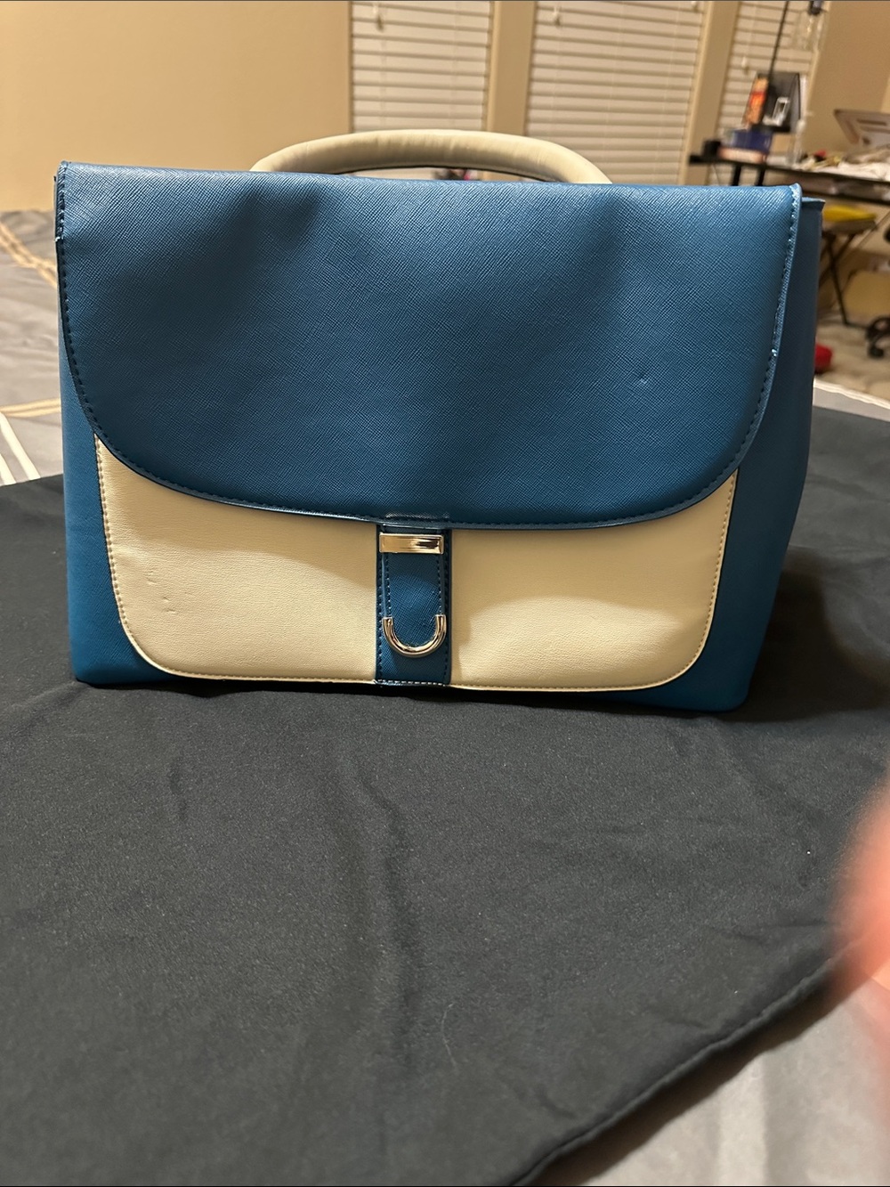 Blue and Cream Structured Top-Handle Satchel with optional shoulder strap